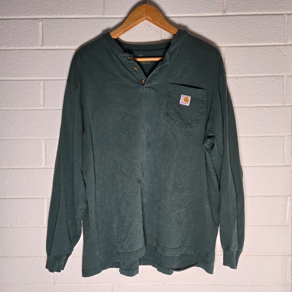 Carhartt K128 HTG Henley Long Sleeve Pocket Shirt Mens XL Hunter Green Workwear